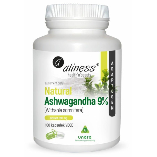 Naturalna Ashwagandha 9% extract 590 mg   x 100 vege caps. Aliness