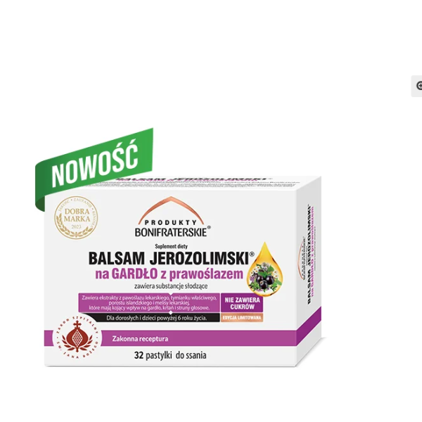 Balsam Jerozolimski na gardło  z prawoślazem 32 pastylki do ssania Produkty Bonifraterskie